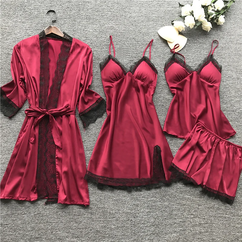 

2021 new Women Pajamas Sets Satin Sleepwear Silk 4-piece Nightwear Strap Lace Sleep Lounge Pajamas With Chest Pads, S-3xl