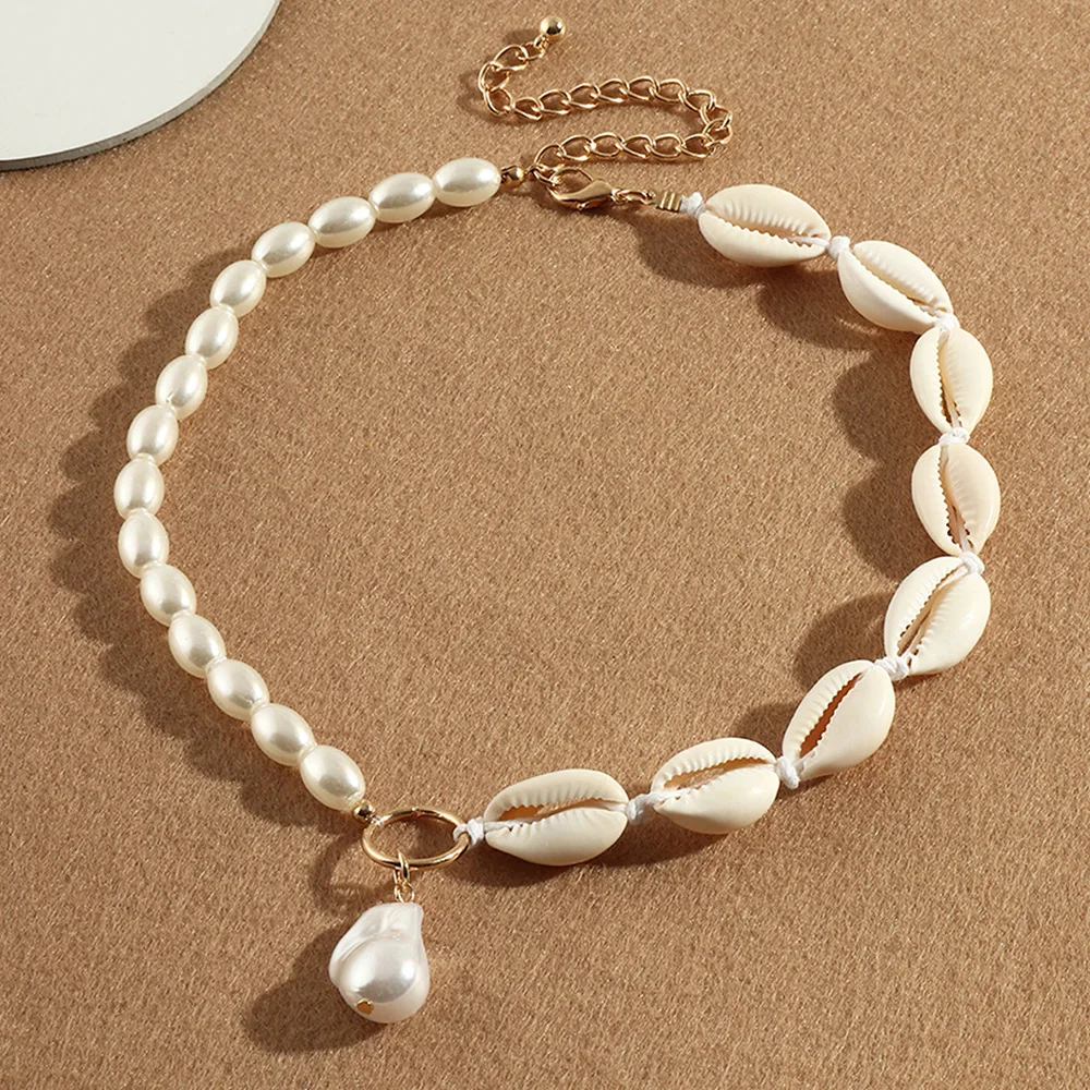 

Hawaii Beach Jewelry White Irregular Baroque Pearl Pendant Necklace Asymmetric Pearl Shell Choker Necklace