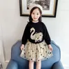 Autumn Children Girl Suit Long Sleeve Black Swan Shirt and Beige Stars Tutu Skirt 2pcs Kid Girl Sweater Shirt Tulle Skirt Set