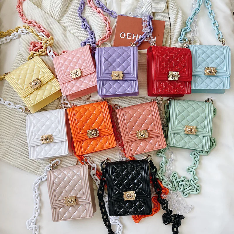 

Kids silicone purse and handbags GW new arrival small crossbody bags fashion acrylic chains kids cute silicone mini jelly purses, Rich