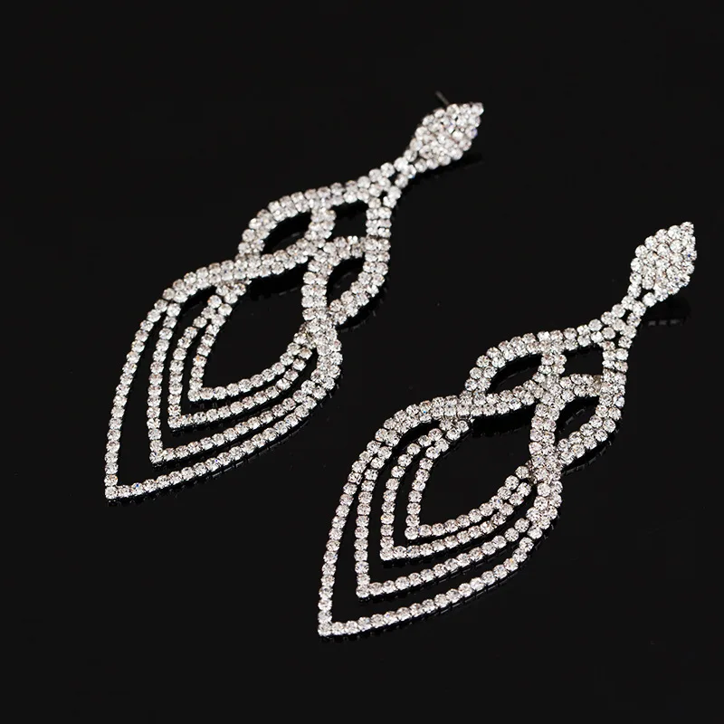 

Hot Selling Fashion Bridal Full Diamond Rhinestones Earrings Iced Out Crystal Long Tassel Zircon Cubic Stud Earrings