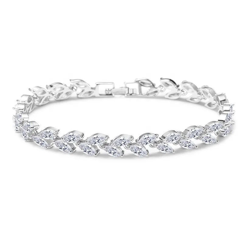 

RAKOL BP061 Hot Sale Leaf Shape Real White Gold Cubic Zirconia Bracelet For Women BP061, As picture