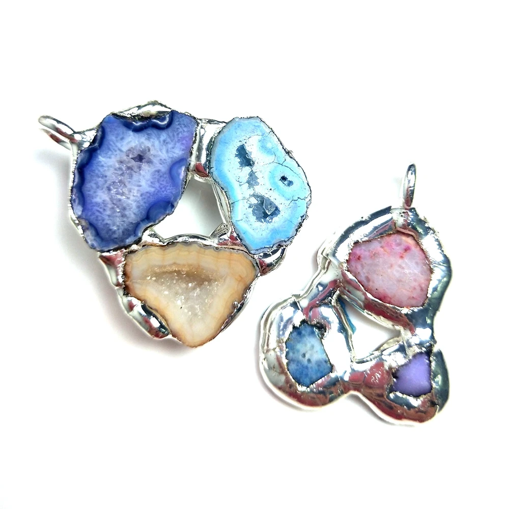 

Fine quality natural pink blue purple slice agate druzy connector silver/gold plated single bail charm handmade pendant bead diy, Multi