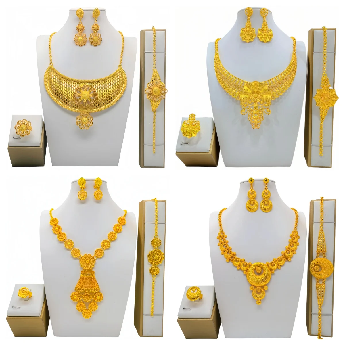 Ready to Ship African Nigeria Hollow Flower Necklace Bracelet Jewelry Set  Gold Plated Wedding Rings for Indian Bride