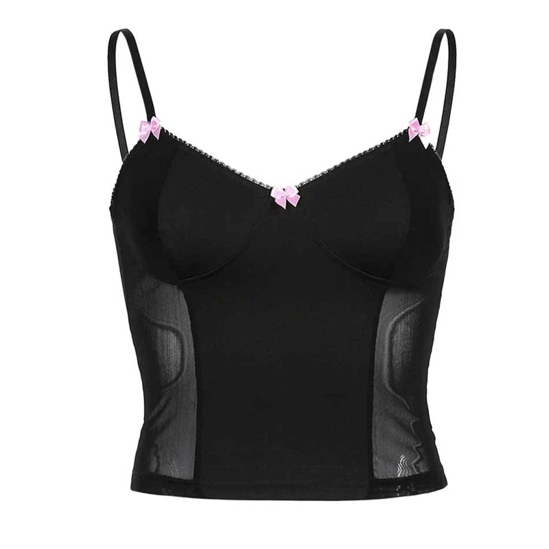 

Fashion Womens Black Transparent Sleeveless Tees Lace Trimed Ruched White Crop Tops Y2k Top