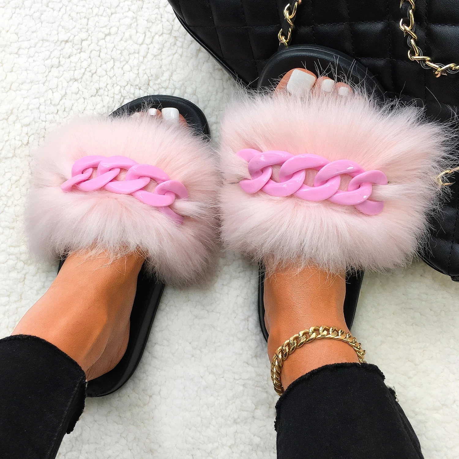 

Furry Fur Slippers Fluffy Flip Flops Women Summer Faux Fox Sandals Designer Chain Plush Raccoon Fur Slides Beach Home Flat Shoes, Colors