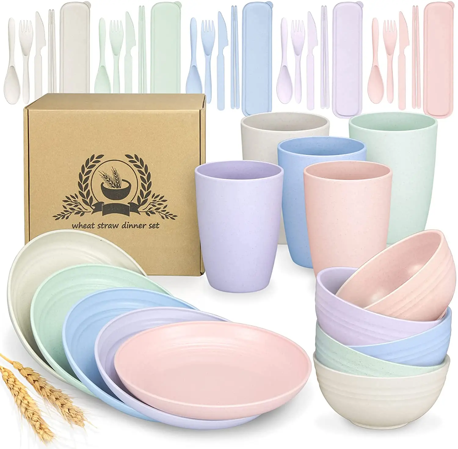 

Wheat Straw Dinnerware Sets Service for 5 People (40 Pcs)Unbreakable Dinnerware for Kids Dinner Plates Dessert Plate Cereal Bowl, Blue / beige / pink / green