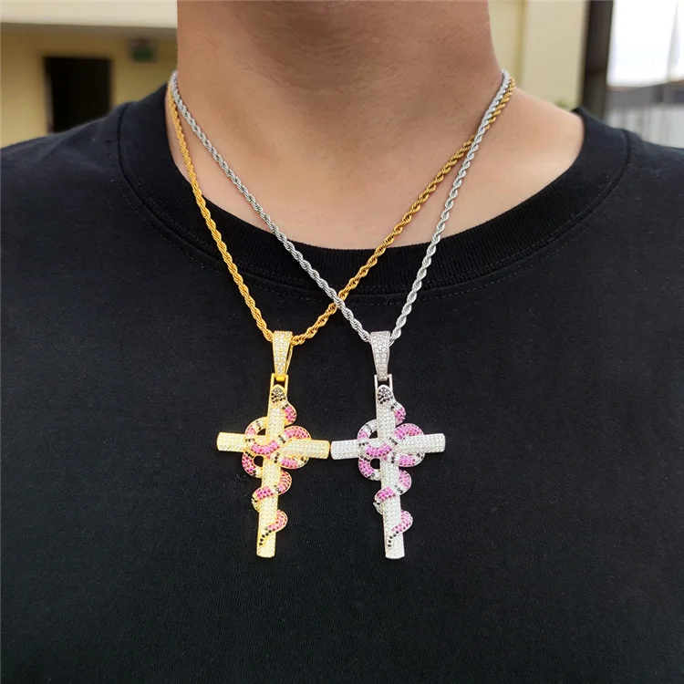 

European and American Retro snake colored copper zircon necklace personality cross hip hop pendant necklace