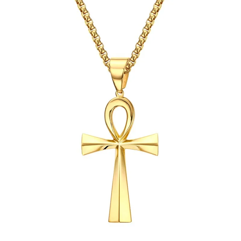 

2021 Fashion Stainless Steel Jewelry Gorgeous Silver 18K Gold Plated Cross Crux Ansata Egyptian Ankh Necklace Men