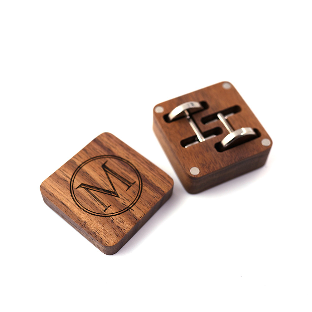 

Custom logo walnut solid wooden cuff links with gift box set, Custom color