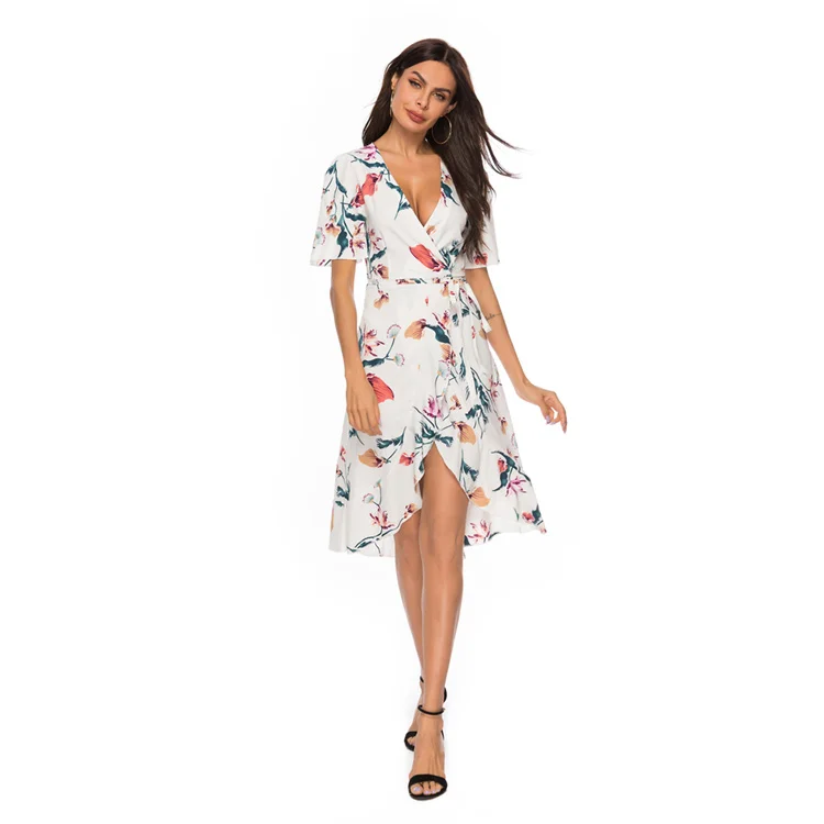 

2021 Quality choice printing sexy deep v-neck lace up chiffon ruffle layered dress