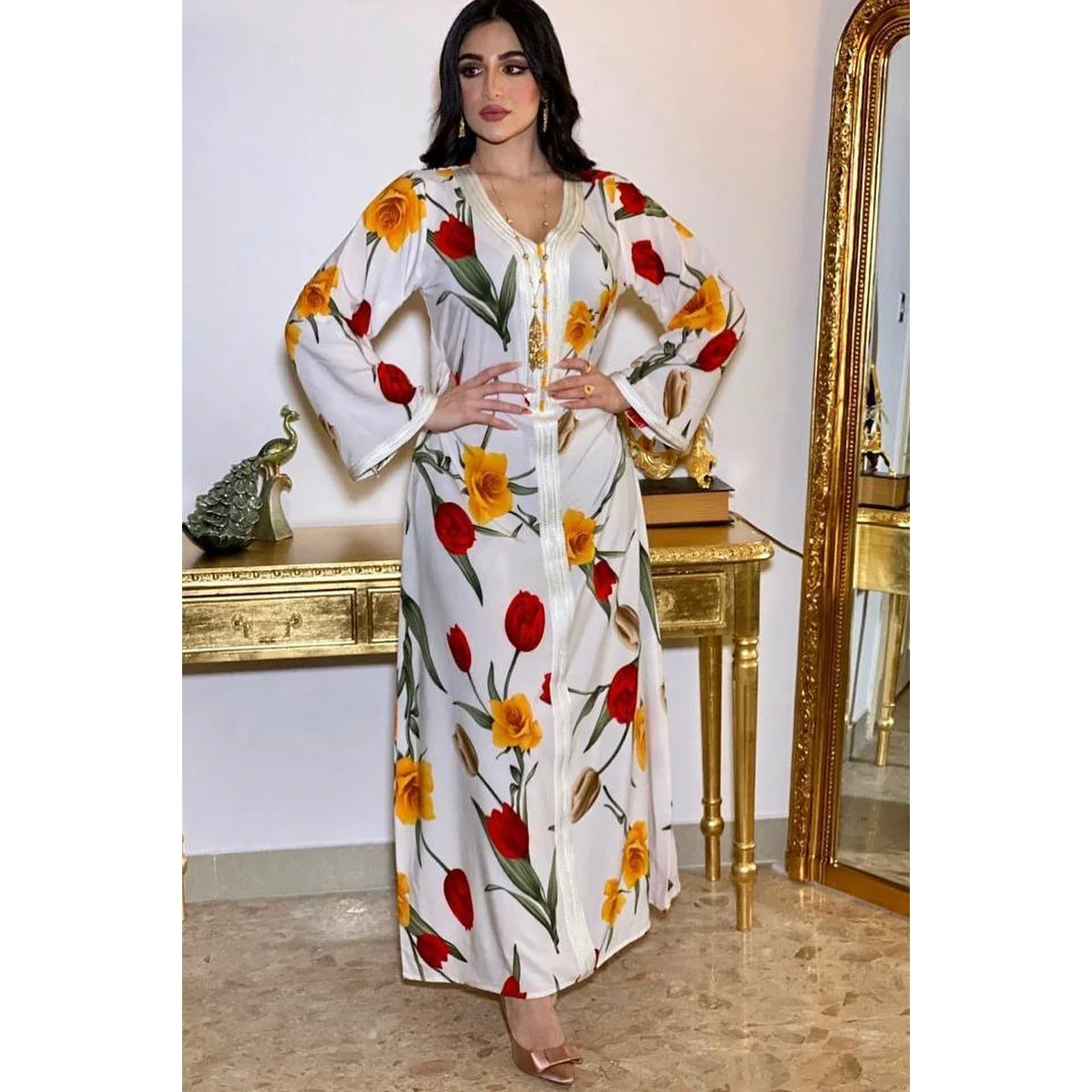 

2021 Islamic Clothing Print Long Dress For Muslim Dubai Ladies