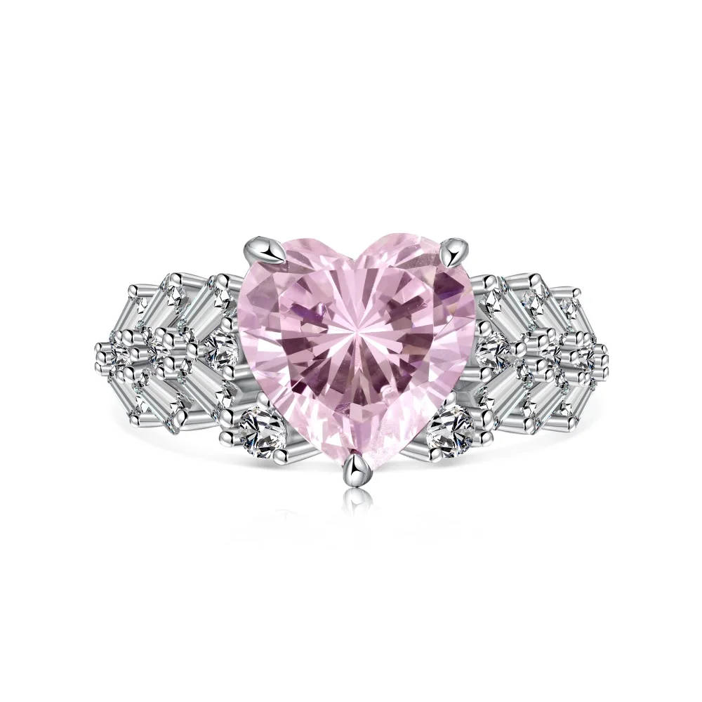 Dylam Custom S925 Sterling Silver 5A Cz Stone Pink Heart Ring High Quality Luxury Engagement Wedding Diamond Rings Jewelry Women