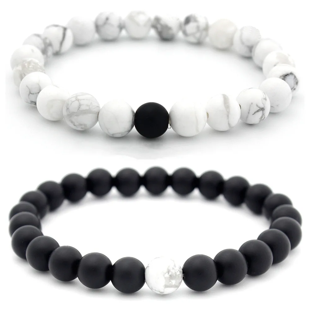 

Top Sale Men and Women Lover Jewelry 8MM Matte Black Stone Natural White Turquoise Beads Bracelets