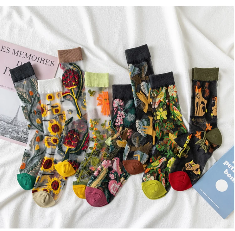 

Transparent Popular Elastic Colored Flowered Mesh Crew Sheer Socks Women