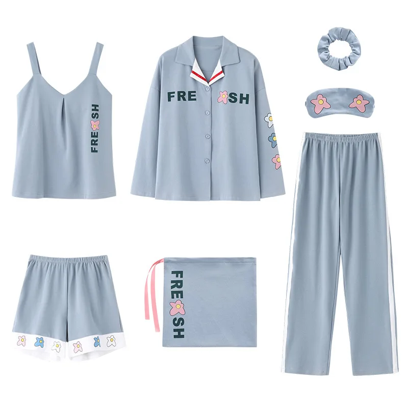 

2020 New style 100% cotton solid color 7-piece pajamas long sleeve sleepwear for women, Shown