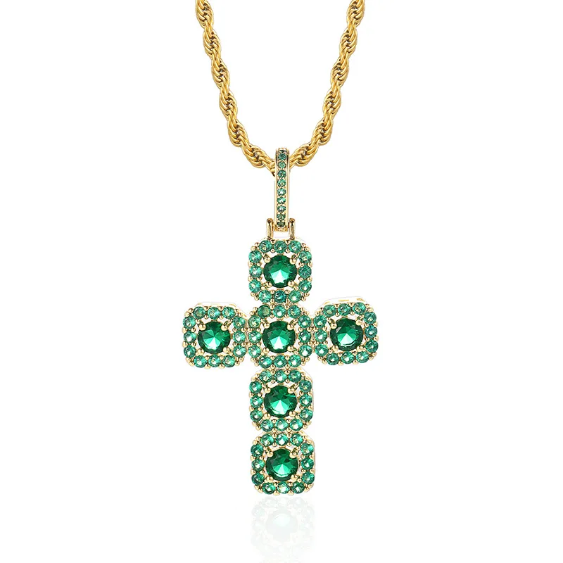 

AJ011-PE Hip Hop Jewelry 14K Gold Green Blue Swing Diamond Iced Out Initial Necklace Gemstone Cross Pendant For Men