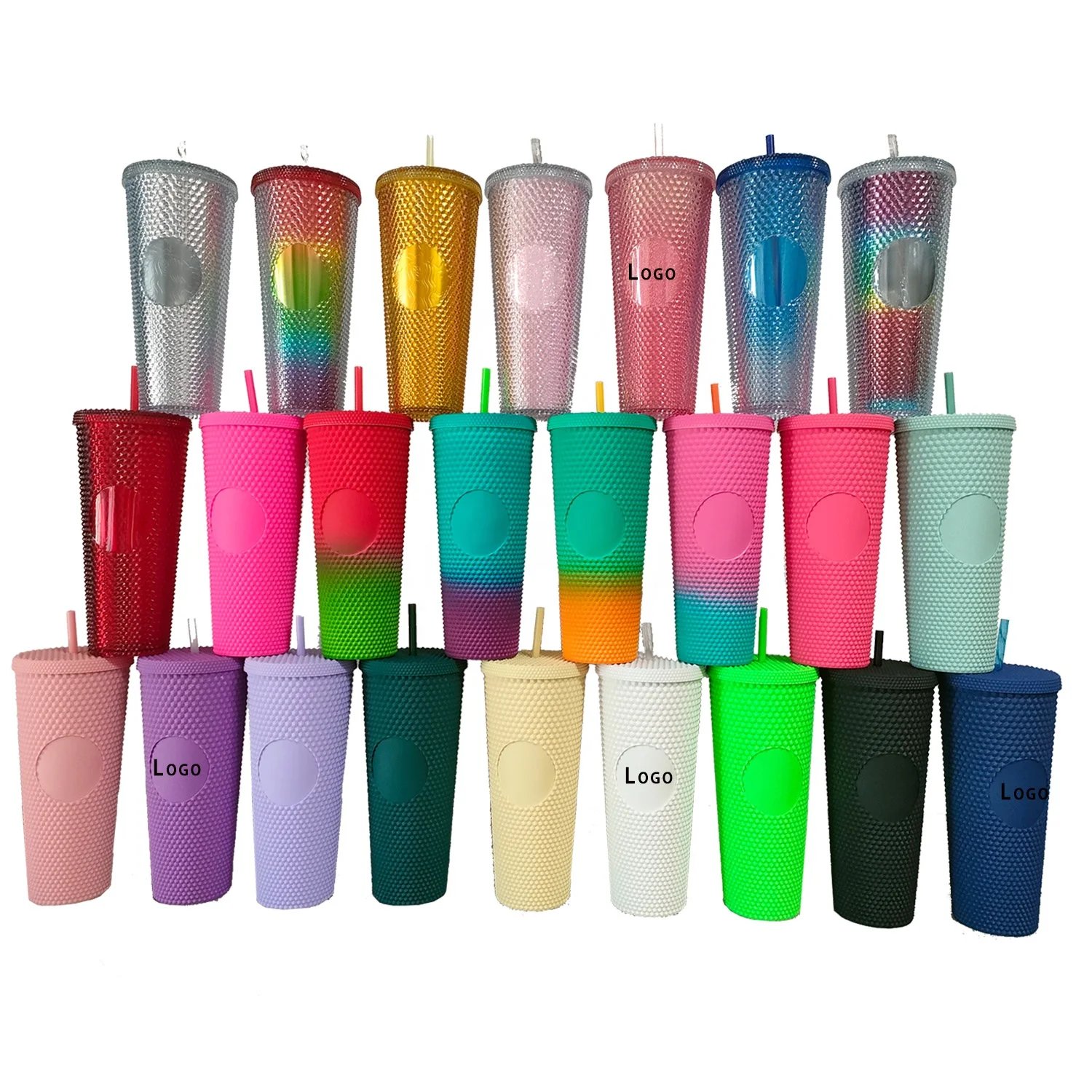 

710ml Double wall reusable matte pink studded tumbler bling plastic cups with straw and lid, Pink blue, black, white purple and so o