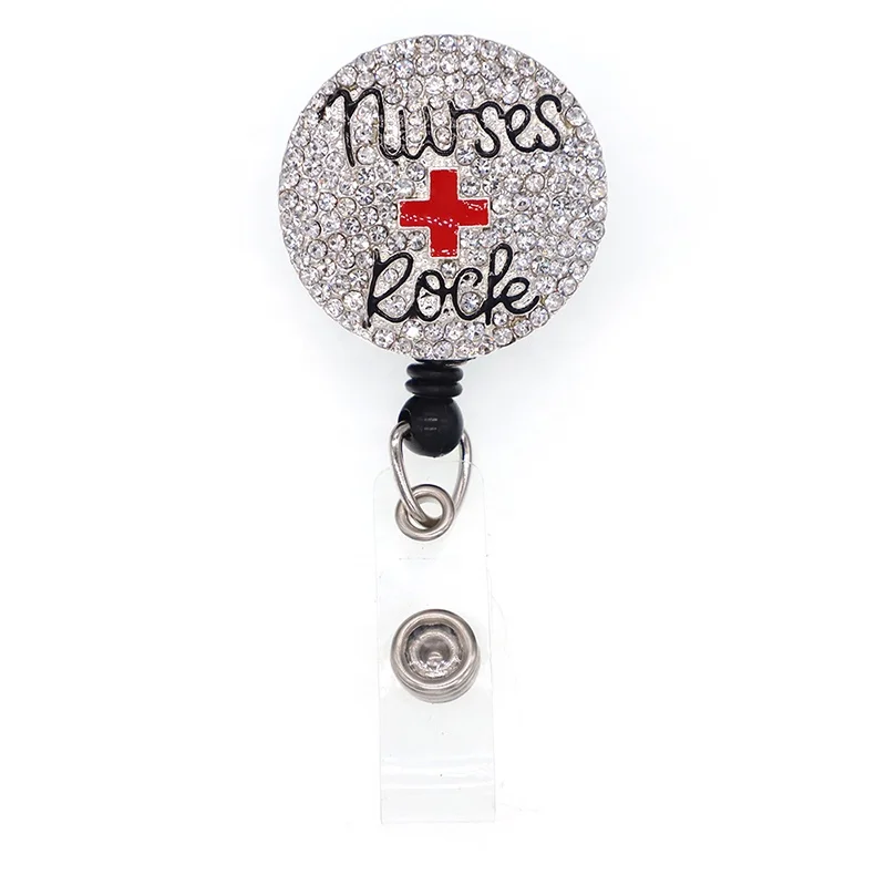 Customized Design Nurse Rock ID Name Badge Holder Crystal RN Medical For Doctor Retractable Badge Reel
