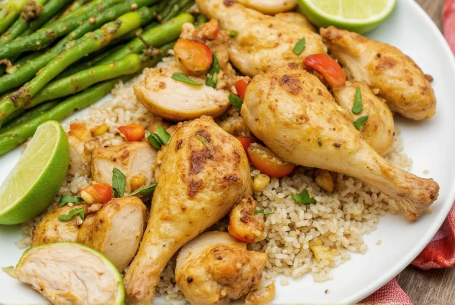 Chicken coriander lime recipe served with coconut rice and grilled vegetables