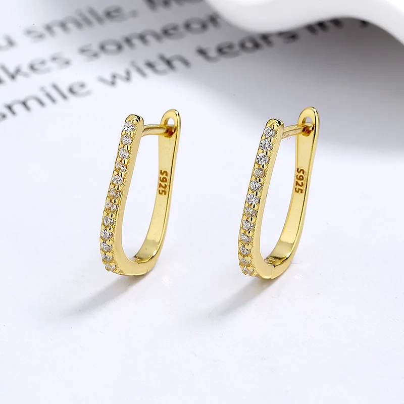 American European fashion 925 sterling silver geometric square U shape zircon gold plated hoop earrings women