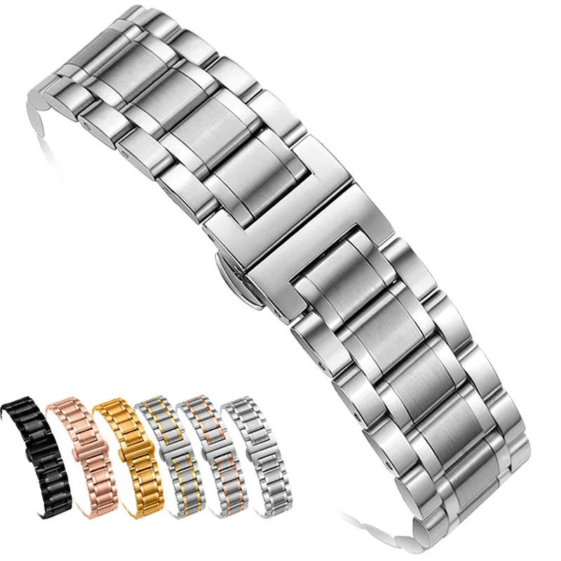 

316L Stainless Steel Watch Band Metal Watch Replacements Chain 3 Beads Stainless Steel Watch Strap Multi Sizes 12mm 14mm 20mm