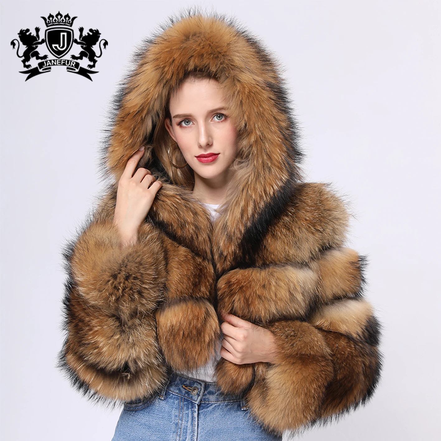 

Janefur Winter Real Raccoon Fur Coat Short Style Hooded Real Raccoon Fur Coat