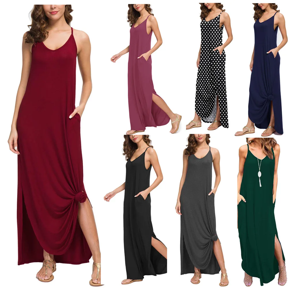 

Casual Dresses Women Summer Loose Dress Sling Maxi Dress With Pockets