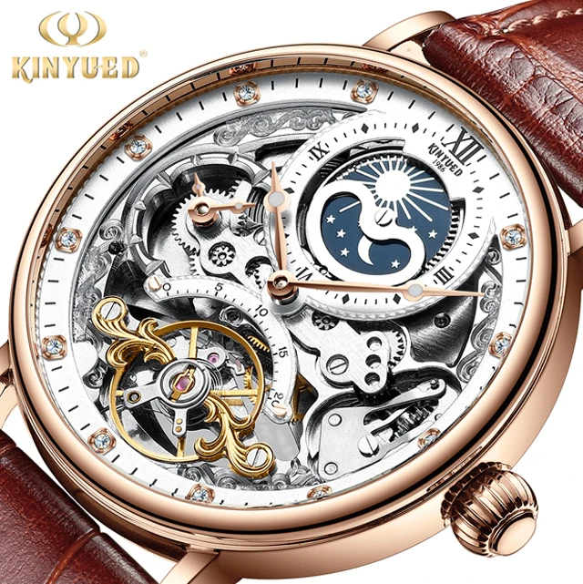 

KINYUE most popular products diamond genuine leather skeleton tourbillon wristwatches automatic mechanical watches men wrist