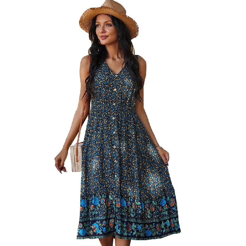 

Mutongyi Summer printed Sleeveless V-neck Casual floral loose maxi wrap dress for women ladies, Picture color