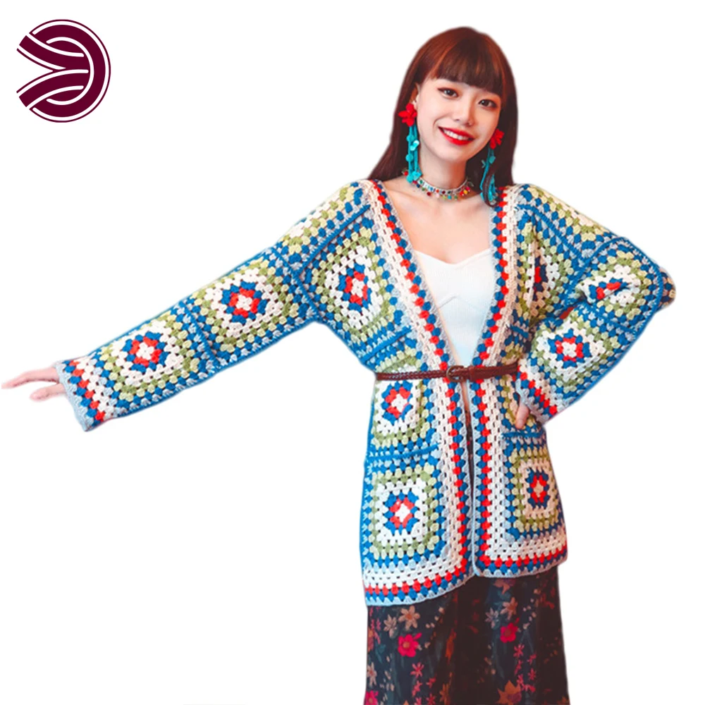 

Checkerboard Pattern Autumn Women Handmade Long Sleeve Crochet Multicolour Splicing coat Crochet Sweater