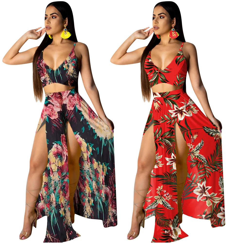 

Drop Shipping Sexy Cami Sets Printed Halter Women Two Piece Dress Suit, Customized color