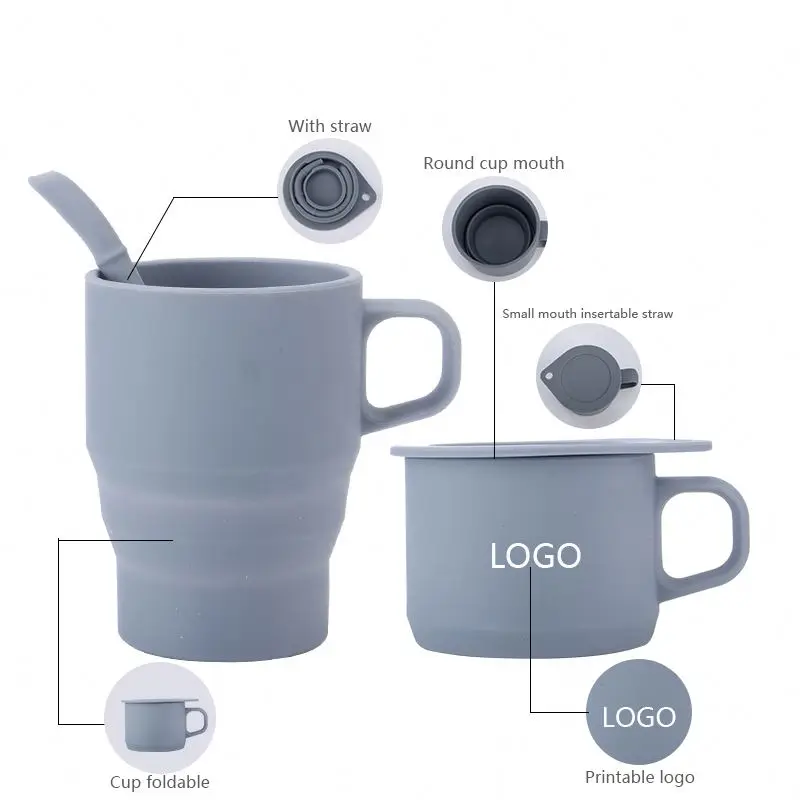 

Popular Top Food Grade Silicone Cup Reusable Black Blank Travel Coffee Mug with Straw and lid customized logo