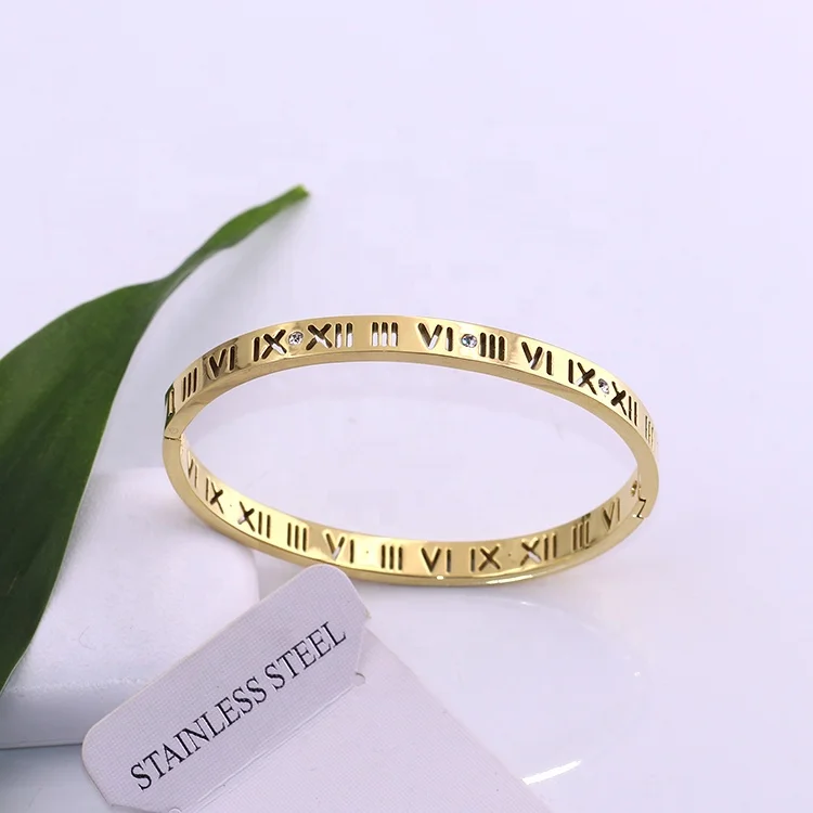 

wholesale custom stainless steel jewelry 18K gold plated hollow Greek Roman numerals crystal cuff bracelet bangle for women, All common color are available