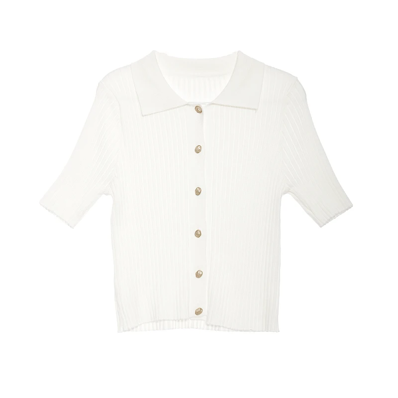 

Ribbed Sweater Woman Tops Short Sleeve Women Plain Button Polo Neck Short Cardigan, As your requirement