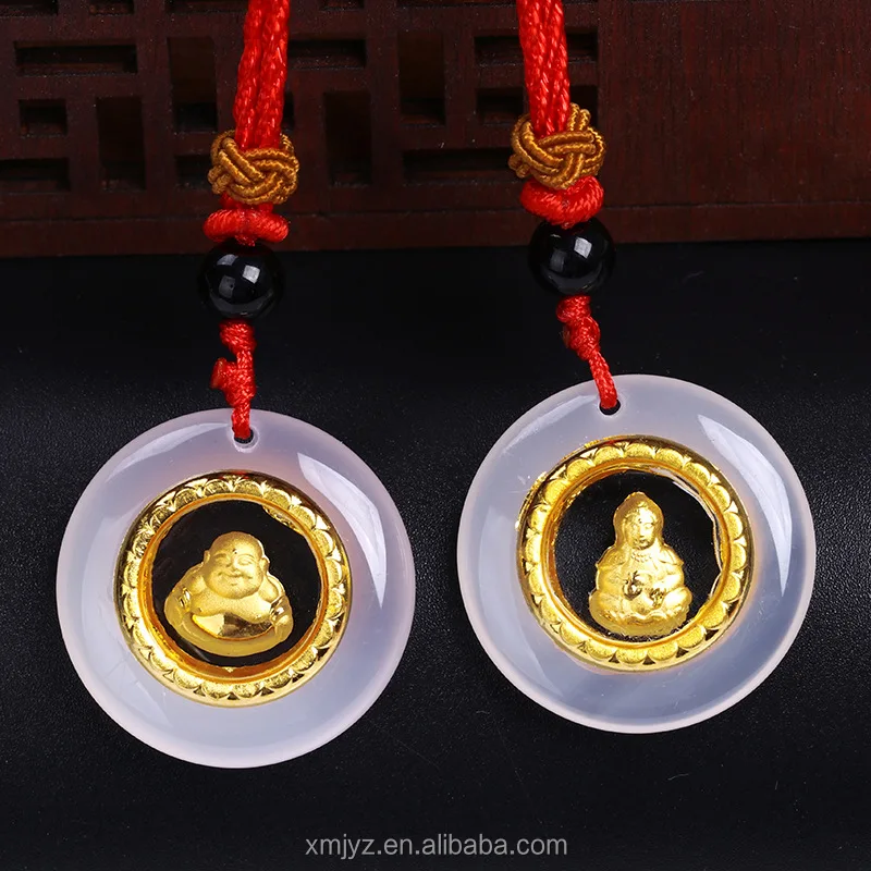 

Certified Gold Inlaid Jade Pendant Chalcedony And Agate Inlaid Pure Gold Guanyin Buddha Men And Women Couples Gold Shop Gifts