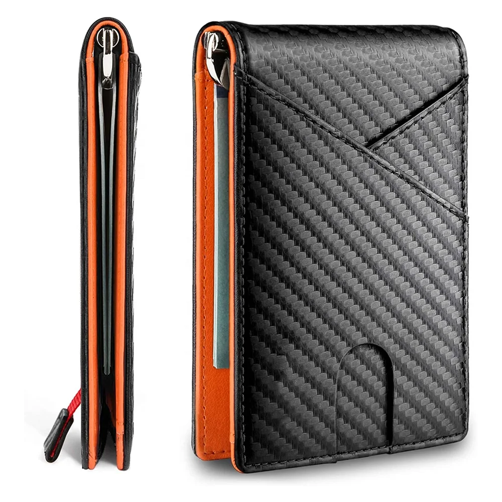 

Fashion Amazon striped carbon fiber wallet leather bifold RFID blocking money clip slim card holder men's wallet minimalist, Brown, black, customized color