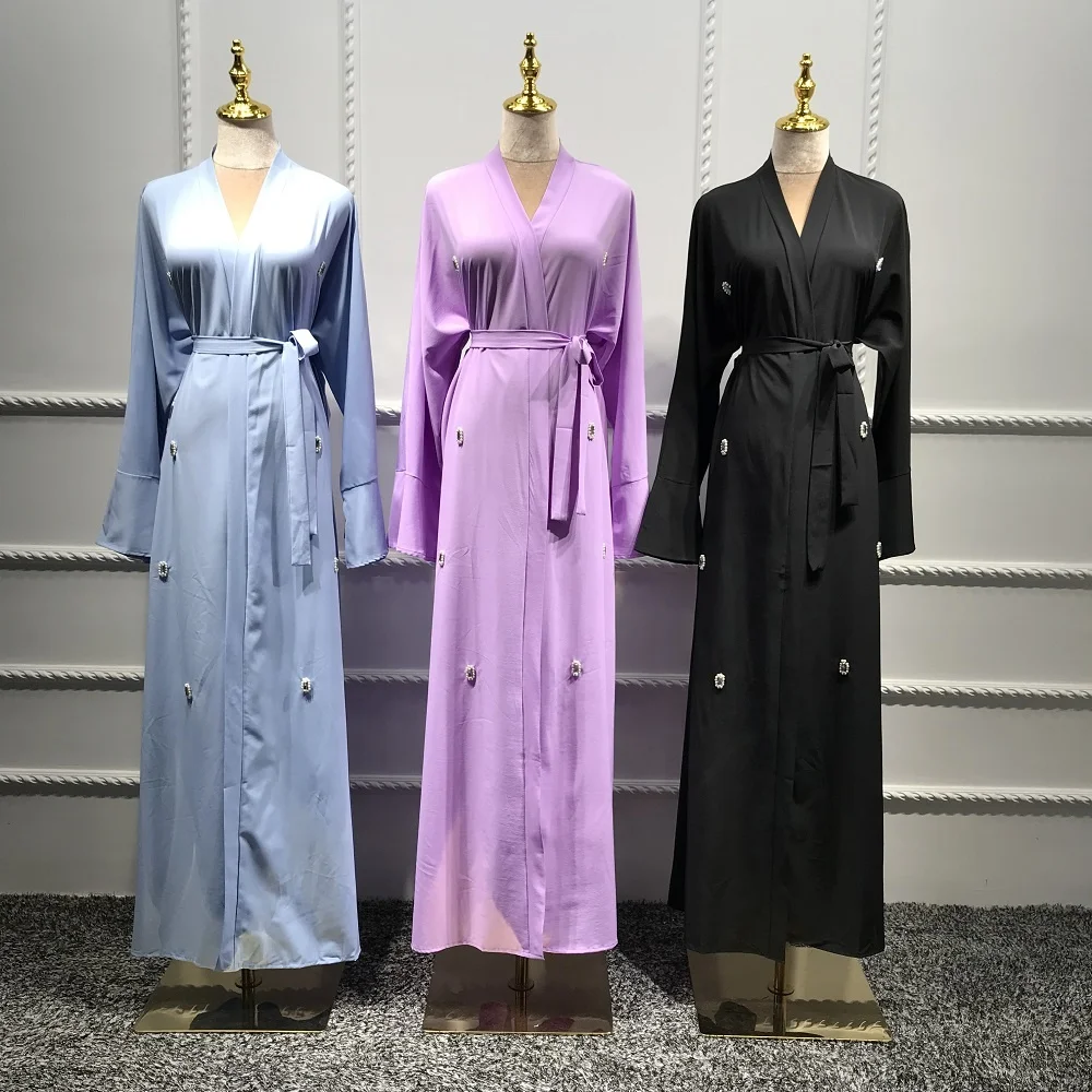 

Elegant Muslim Abaya dress women beading open Abayas Kimono Dubai Islamic Clothing, Blue, dusty pink, black