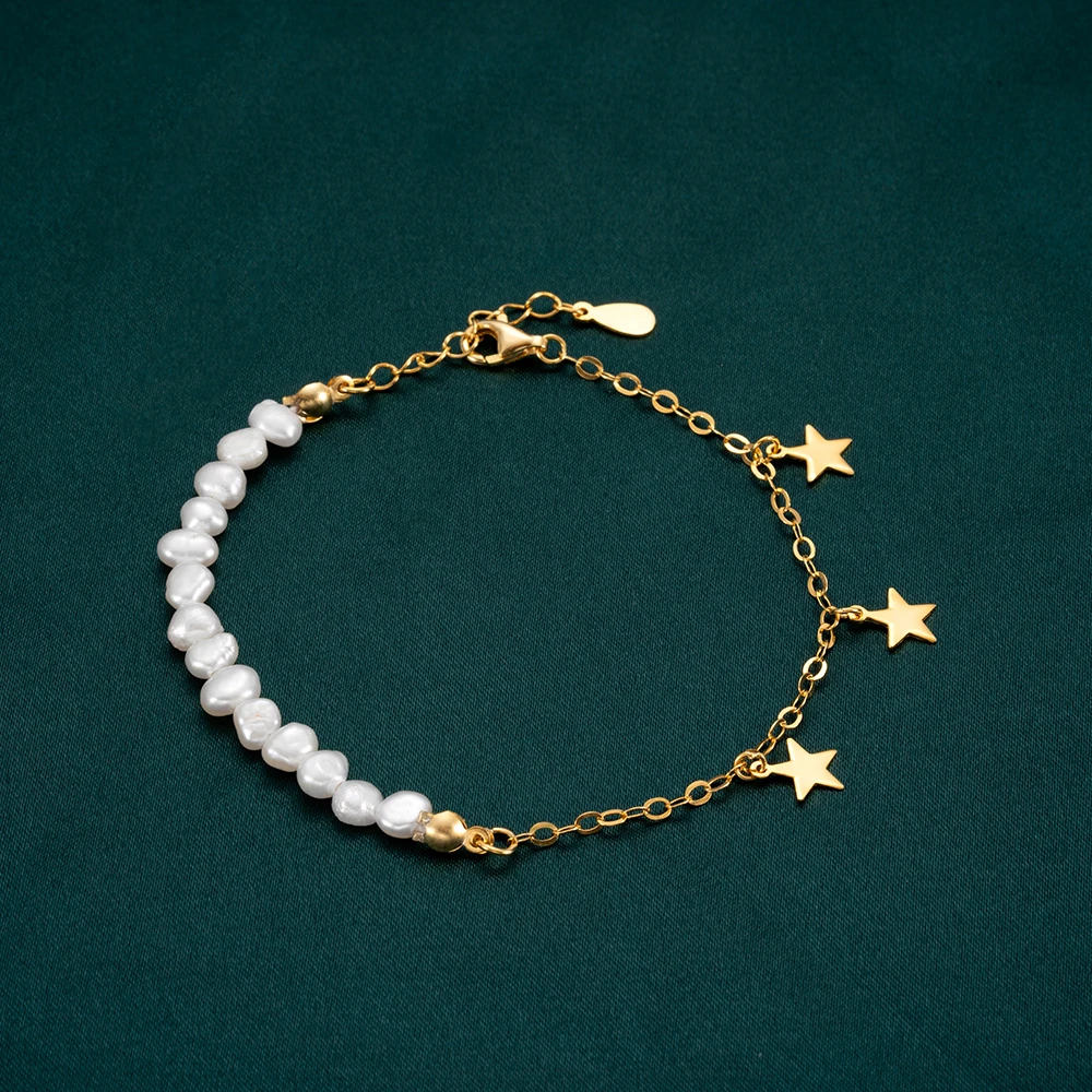 

18k Gold Plated Star Fresh Water Freshwater White Pearl Beaded Charm Bracelet Adjustable Sterling Silver 925 Jewelry For Women