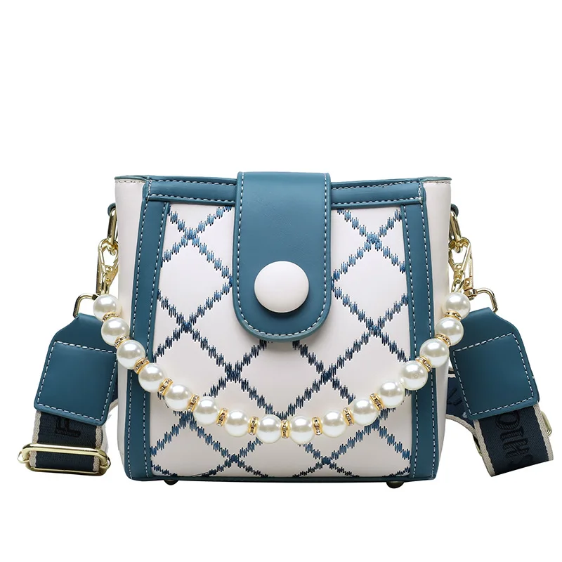 

2021 Casual PU Leather contrast color shoulder bag crossbody women Diamond Pearl Women Bucket Bag