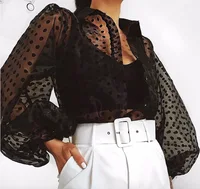 

polka dot high neckline Mesh Top 2019 latest women top Sexy Long Sleeve tops ladies black transparent blouse