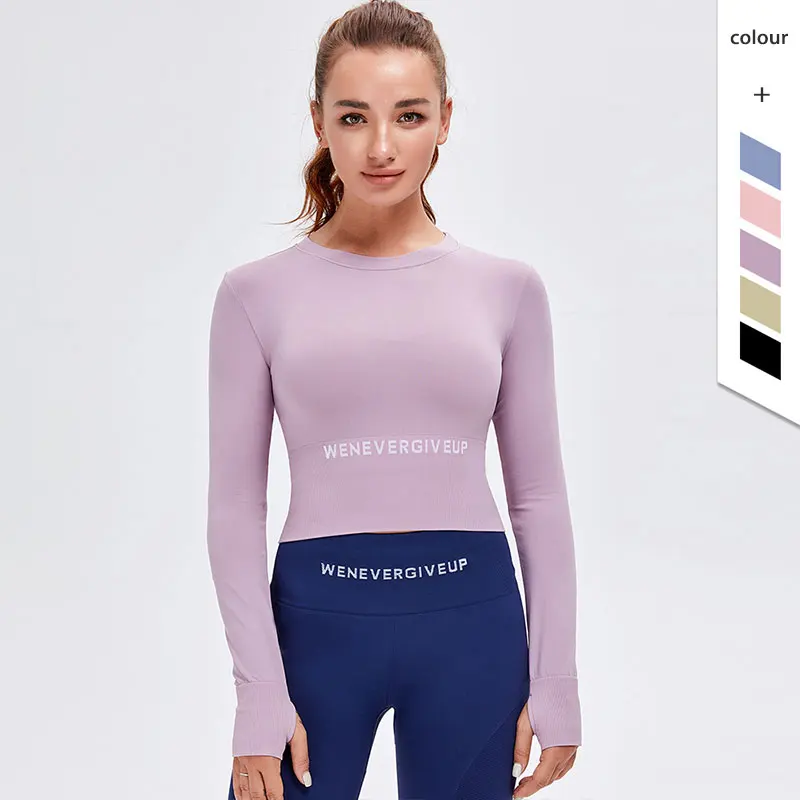 

2020 New Listing Long-Sleeves Running Sports Shirts Tight High Elasticity Crew Neck Women Letter Yoga Crop Top