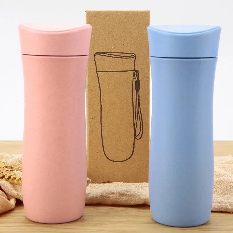 

Customized logo Eco Friendly Biodegradable Wheat Straw Water Bottle with string, Pink white green blue