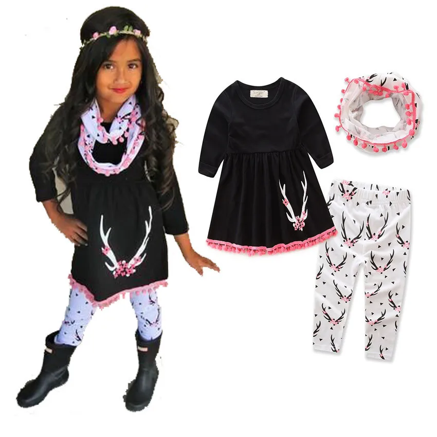 

2020 hot selling autumn outfit fawn deer flower Black top white pants scarf three piece toddler girl fall clothing for wholesale, As pic shows, we can according to your request also