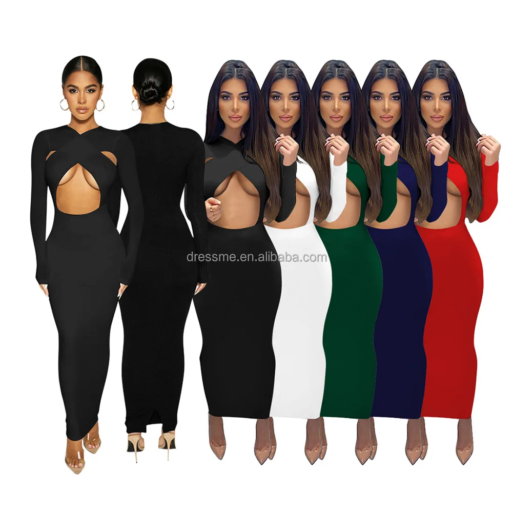 

MT272-88122 Wholesale autumn high quality women's fashion sexy solid color casual party dress with chest wrap long sleeve dress