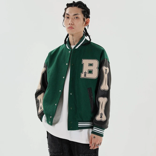 

Wholesale custom high quality winter varsity jacket men with leather arms plus size puffer lettermen leather varsity jacket