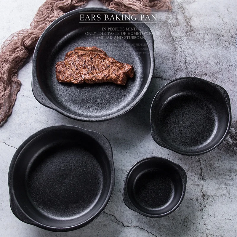 

4 sizes black porcelain safe bread cake dessert dish with handles round baking pan wear-resisting ceramic bakeware set
