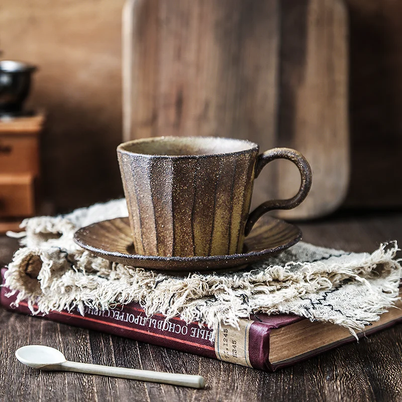 

Hand Brewed coffee Japanese Style Retro Coffee Cup and Saucer Handmade Clay, Vintage color