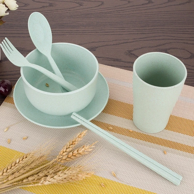 

High Quality 6 pcs Dinner Set Food Grade Plastic Dishwasher Dinnerware Wheat Straw Unbreakable One Person Tableware, Cream, green, pink, purple