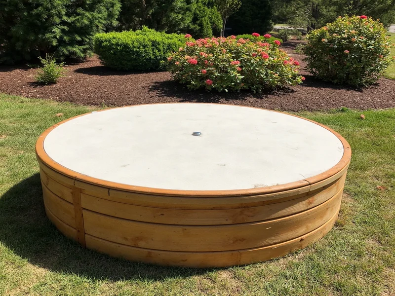 DIY sandbox cover installed on round wooden sandbox